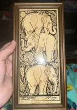 Painting Ornate Abstract Chiangmai, Thailand," Elephants Print Brown Frame 4x7
