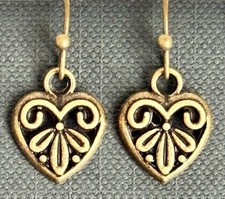 Bronze Etched Heart Charm Dangle Earrings. Love. Romance. Valentine