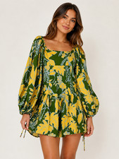 Farm Rio Foliage Sketch Lace Up Mini Dress Medium Green Floral Puff Sleeve $230