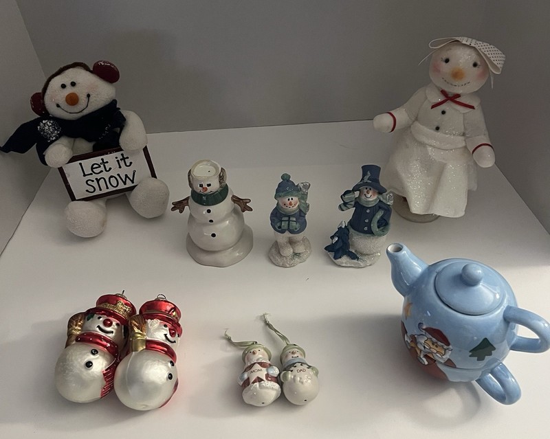 Several Christmas Snowmen Figurines And Ornaments  , Tea Pot
