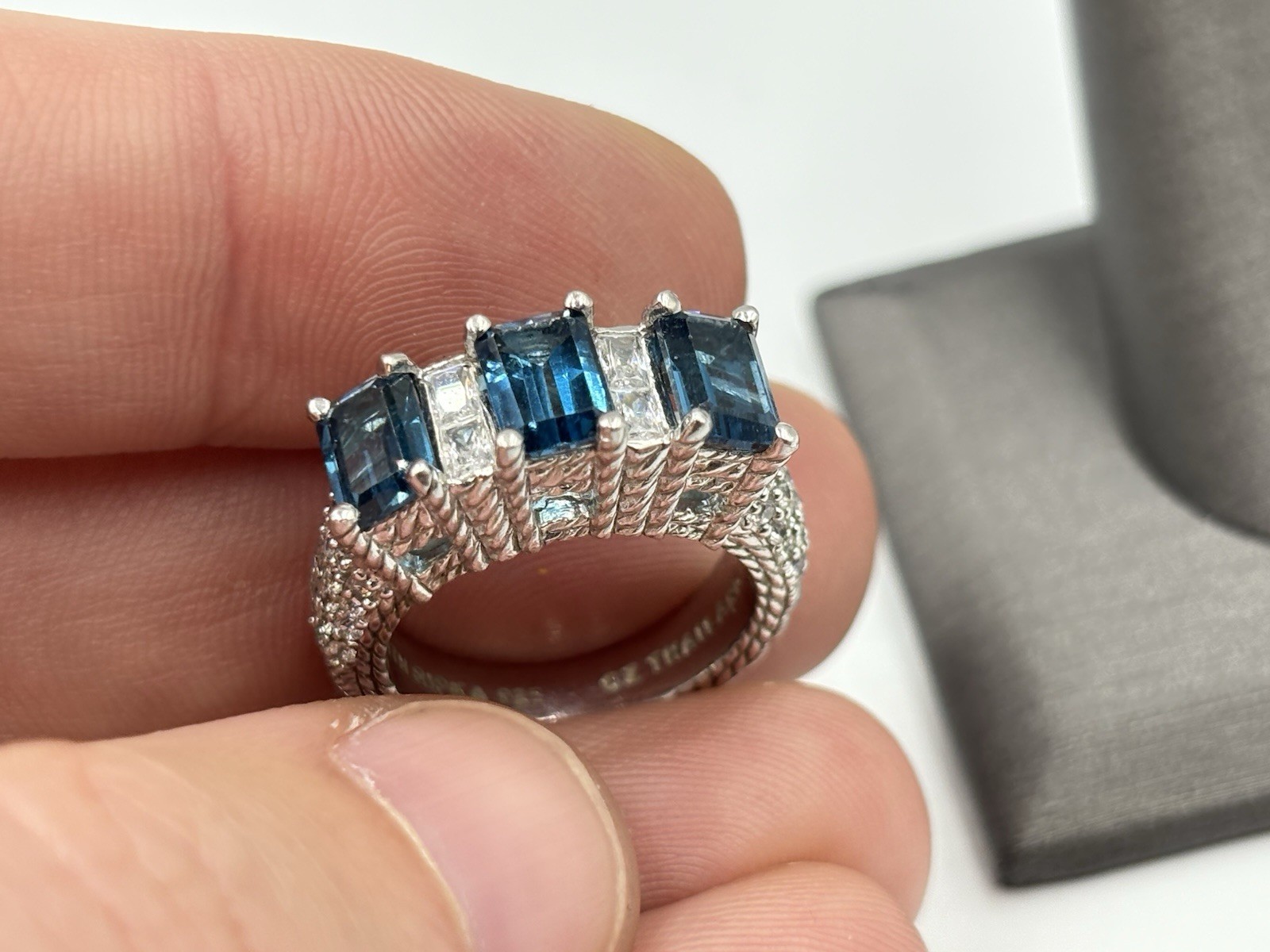 Judith Ripka Sterling Silver Blue Topaz 3-Stone CZ Diamonique Ring
