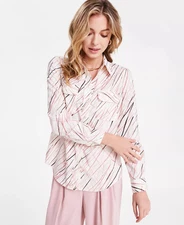 Bar III Graphic Line Print Blouse Womens XS Bar White Multi Front Button Closure