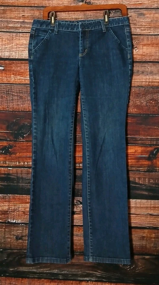 Jeans Ann Taylor tamanho 8 ajuste moderno Lindsay cintura baixa jeans escuro elástico - Imagem 3 de 4