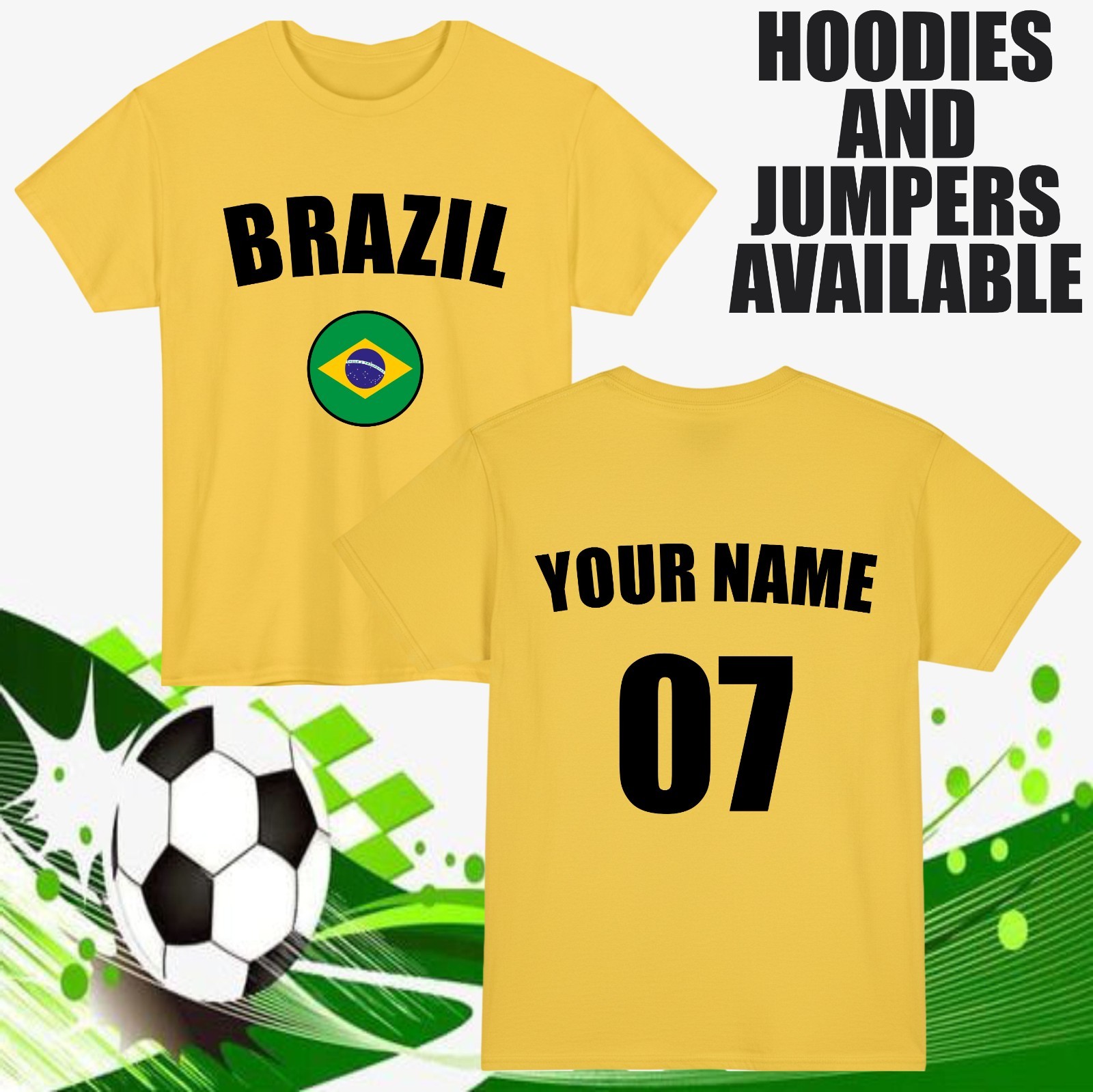 Personalised Brazil Football T-Shirt Customised Name & Number Sports Lover Top