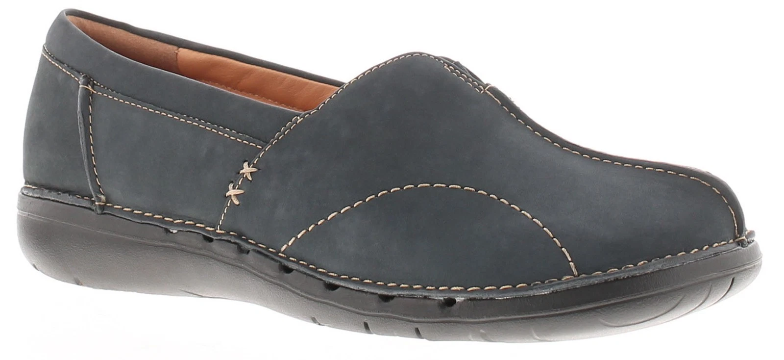 Scarpe basse da donna Clarks Unloop Stride slip on in pelle blu navy taglia UK