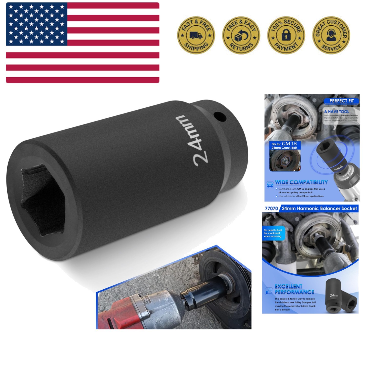 For GM LS 24mm Crank Bolt Socket 77070 Harmonic Balancer Socket Tool, 3 Times...