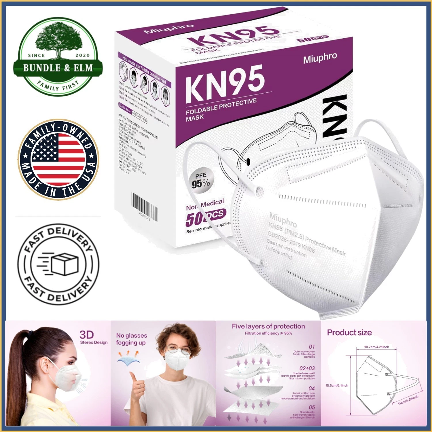 Comfortable 5-Layer KN95 Masks, 50 Disposable Masks with Skin-Friendly Fabric