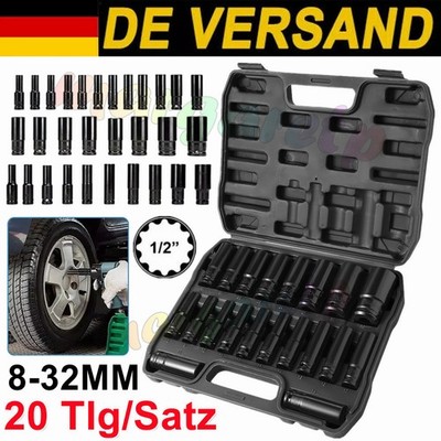 20 Tlg Satz Schlagschrauber Nüsse Sw 8-32 mm Kraft Steckschlüssel Nuss-Set 1/2''