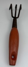 Vintage 3-Tine Garden Hand Cultivator Red Plastic Handle Rusty Steel