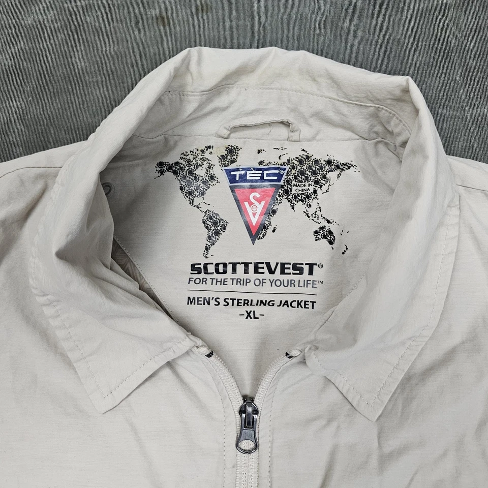 SCOTTeVEST Sterling Jacket Mens XL Beige Travel TEC Multi Pocket Lightweight Zip - Image 2 of 4