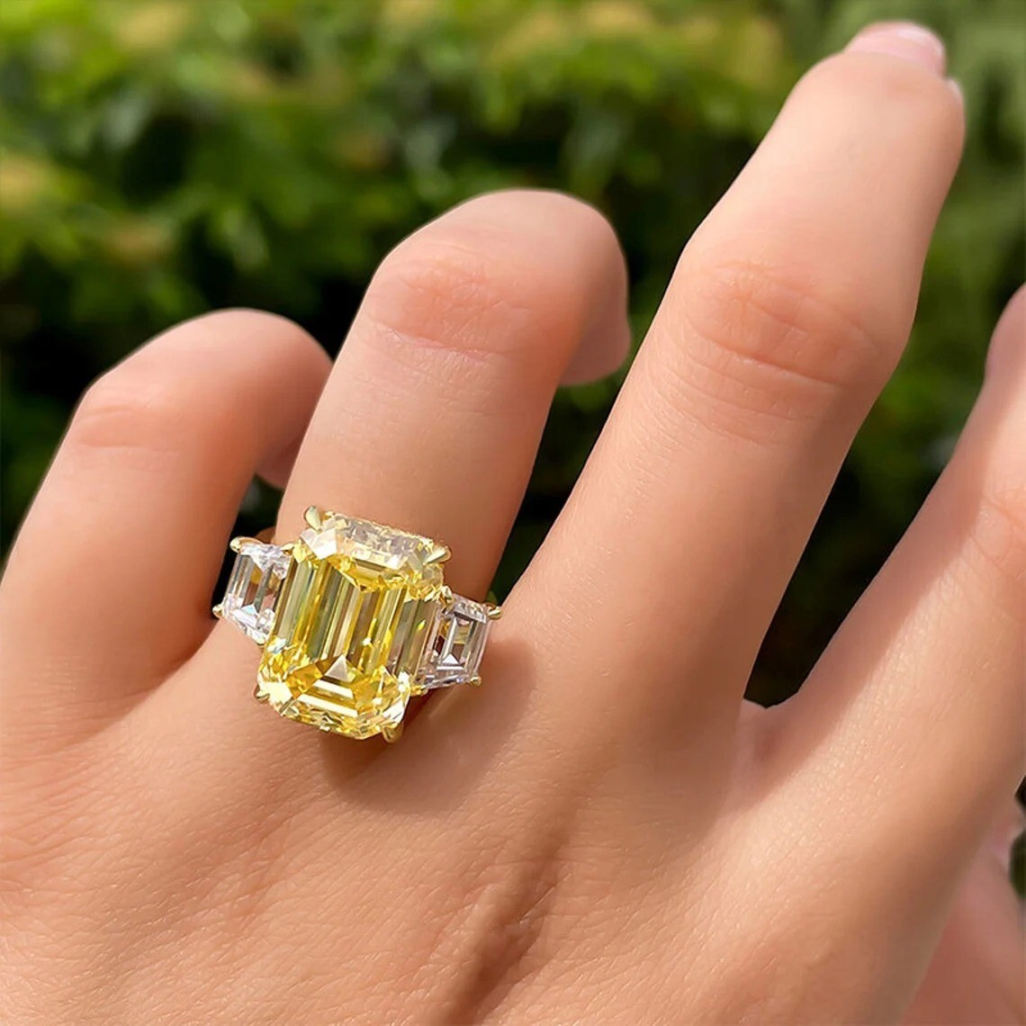 Emerald Cut Yellow Diamond Three-Stone Wedding Ring 14K