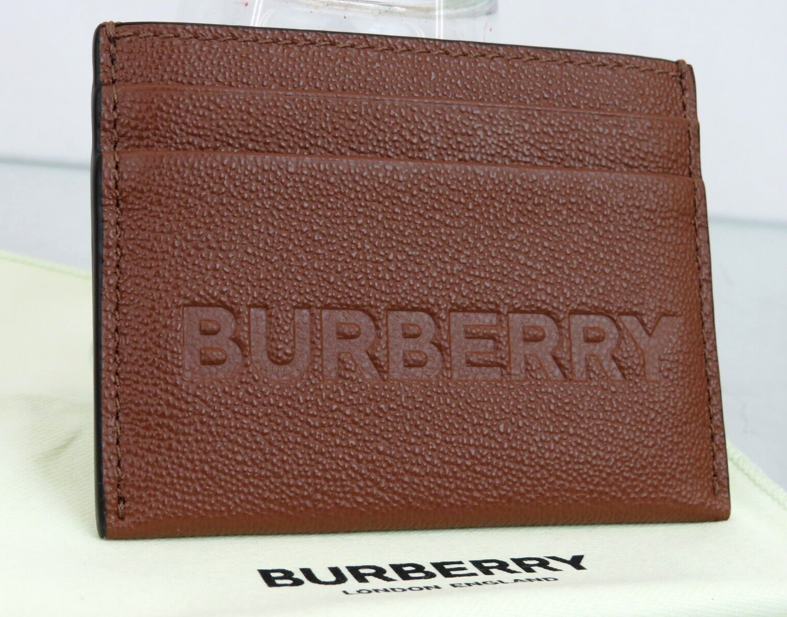 $350 BURBERRY SANDON BROWN TAN GRAINED LEATHER LOGO CARD HOLDER CASE WALLET