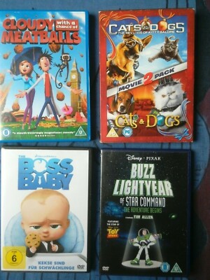 4 Children's DVD's in English: Cloudy Meatballs, Cats & Dogs, Boss Baby, Buzz ..