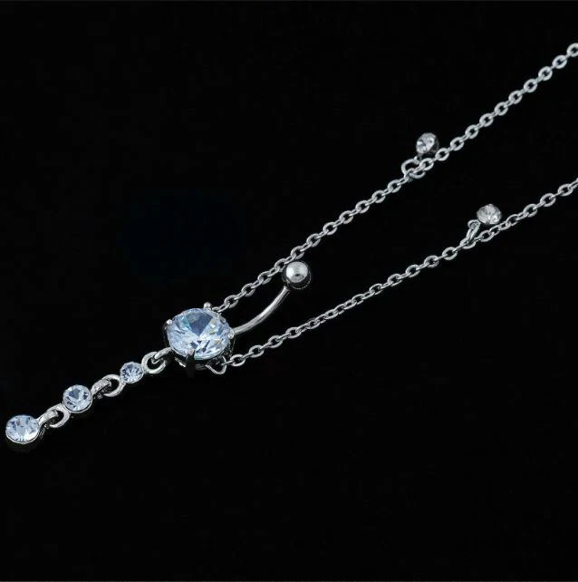 Women Sexy Rhinestone Dangle Belly Button Ring w/ Waist Chain Crystal Drop - Image 4 of 4
