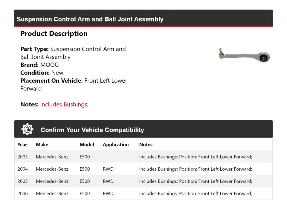 Brazo de control delantero izquierdo delantero inferior delantero MOOG 2003-2006 MERCEDES-BENZ E500 Foto 2 de 4