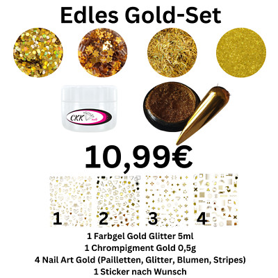 Gold Set mit Farbgel Gold Glitter, Pigment, Nail Art und Sticker nach Wahl