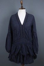 ULLA JOHNSON Blue Long Sleeve V-Neck Ruffle Hem A-Line Short Dress Size 6