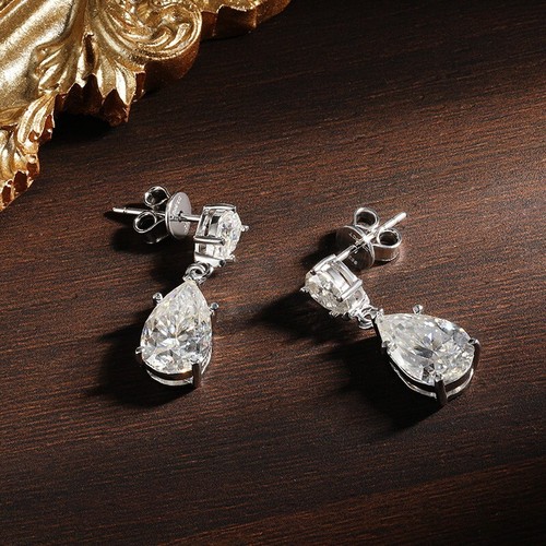 7CTW D VVS1 Pear Cut Real Moissanite Dangle Drop Earrings 925 Sterling Silver - Picture 4 of 14