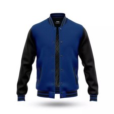 Men's Moto Biker Racer Bomber Baseball Blue Wool & Black Leather Varsity Jacket
