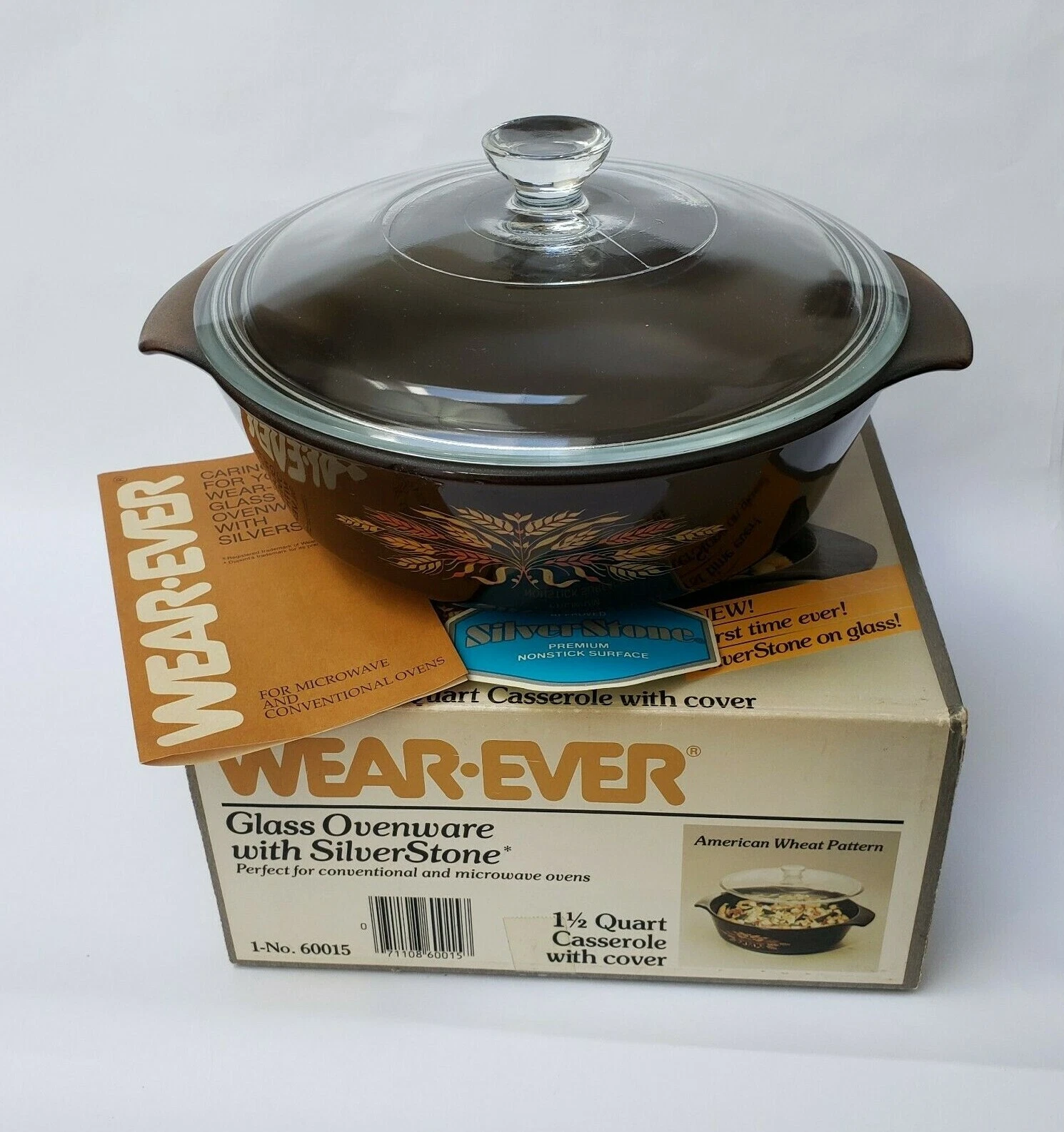 Wear-Ever Glass Ovenware Silver Stone American Wheat Pattern Casserole 1.5 Qt