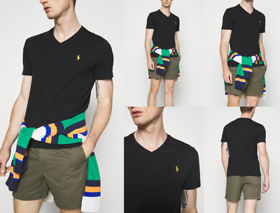 Polo Ralph Lauren V Neck T-Shirt Black Shirt Custom Slim Fit Tee Top Gold Pony M