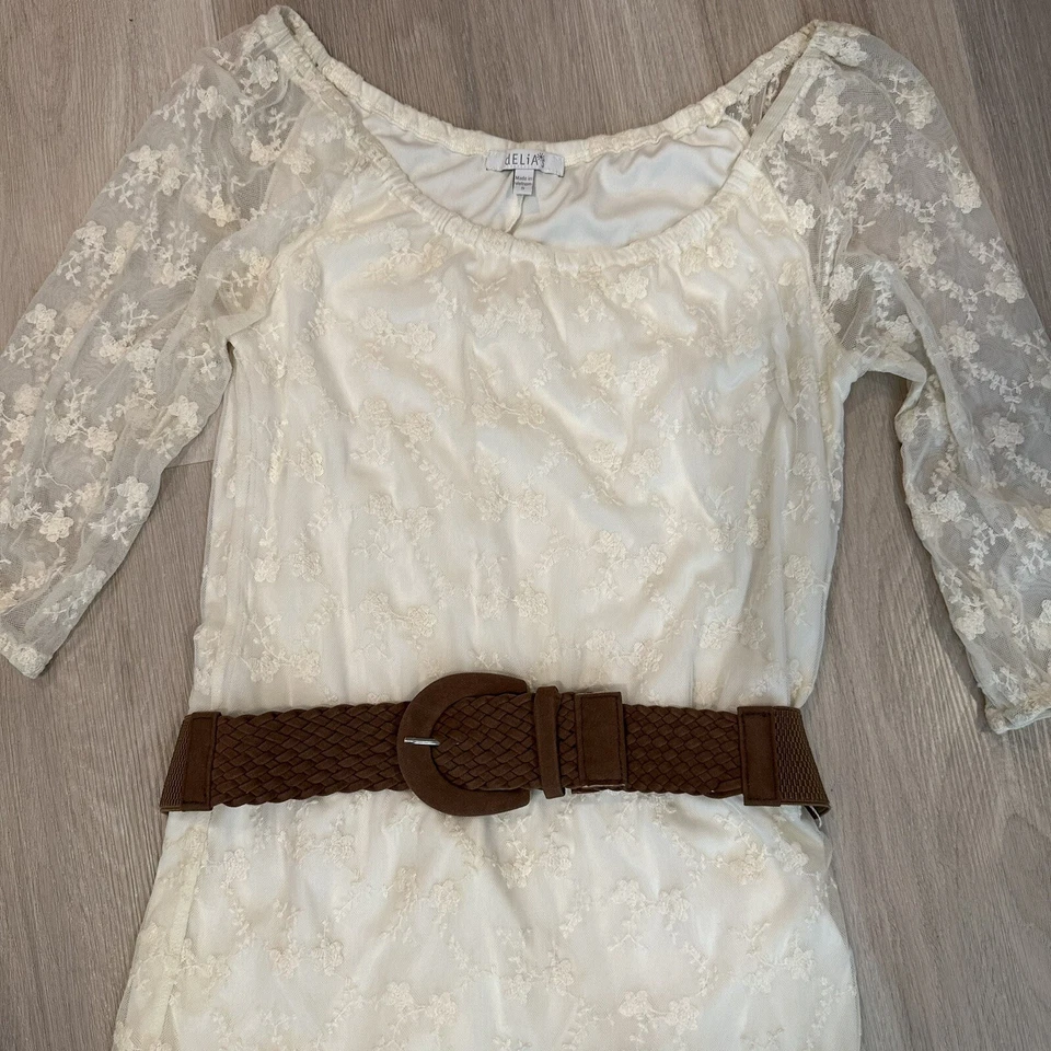 Vestido Delia's de Encaje Para Mujer Pequeño Blanco Marfil Cinturón Boho Volantes Forrado DF Foto 2 de 4