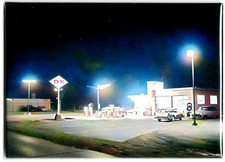 Vintage gas station 1950's at night on metal based fridge magnet