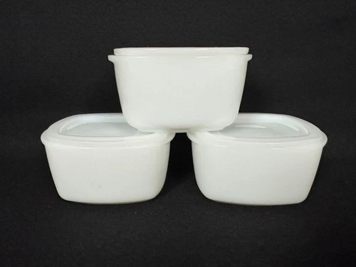 Set of 3 Vintage Federal White Milk Glass Refrigerator Dish with Lid Heat Proof