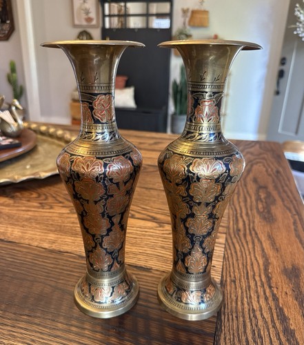 Vintage Brass Hand-etched Floral Brass Vases Set Of 2 India