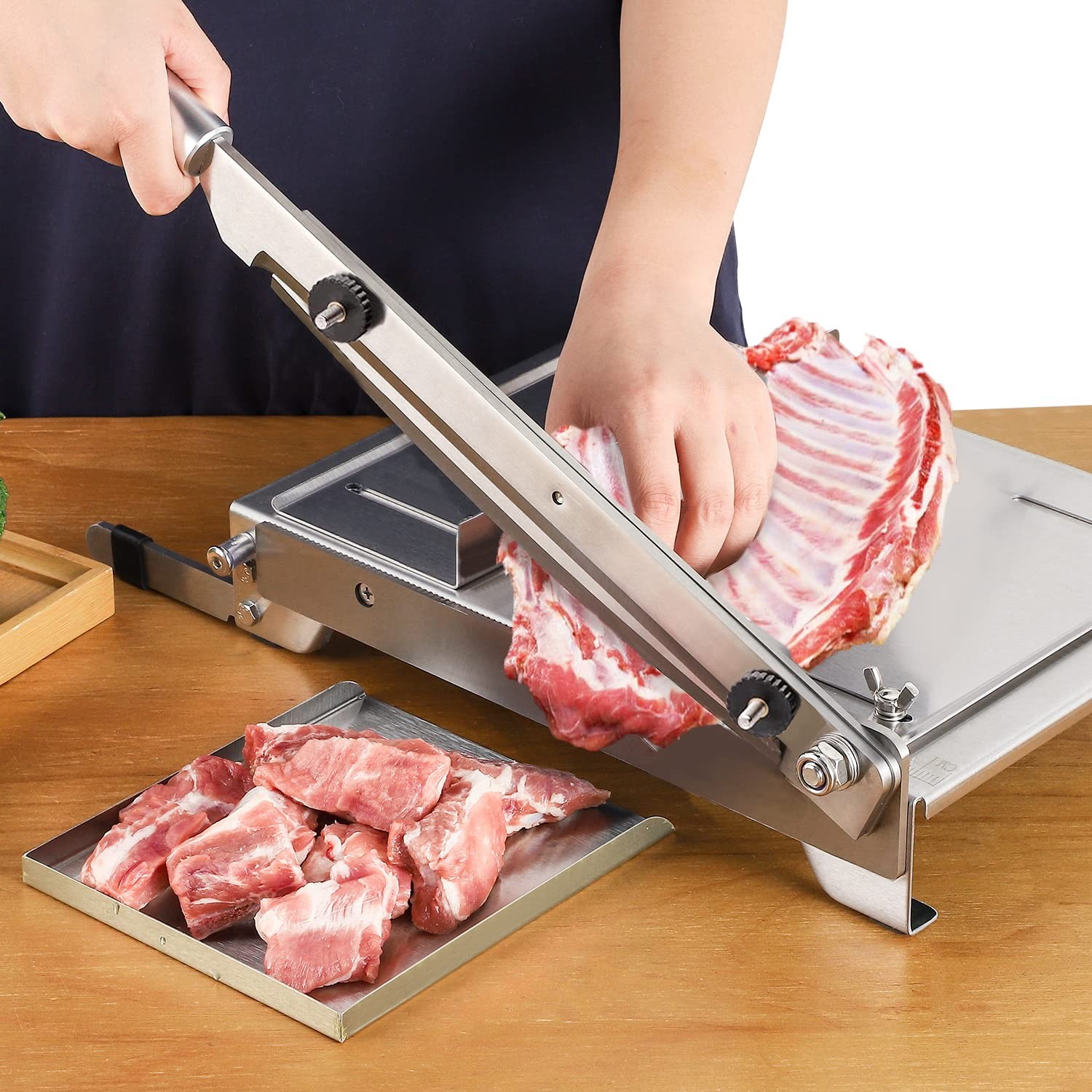 Stainless Steel Manual Meat Chopper with 2 Blades for Ribs and Hard Bones
