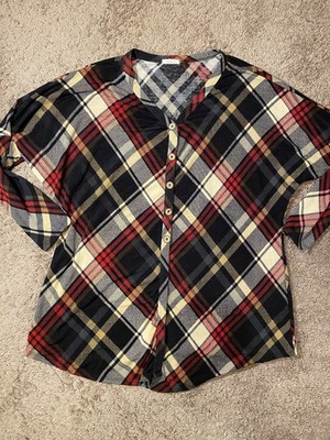 12PM by Mon Ami Women s Plaid Button Front Long Sleeve Top Size S Black Red