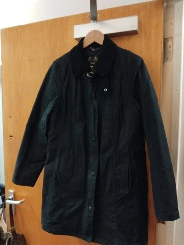 Barbour Belsay Wax Waterproof Country Mid Length Black Coat Siize 12 36" VGC
