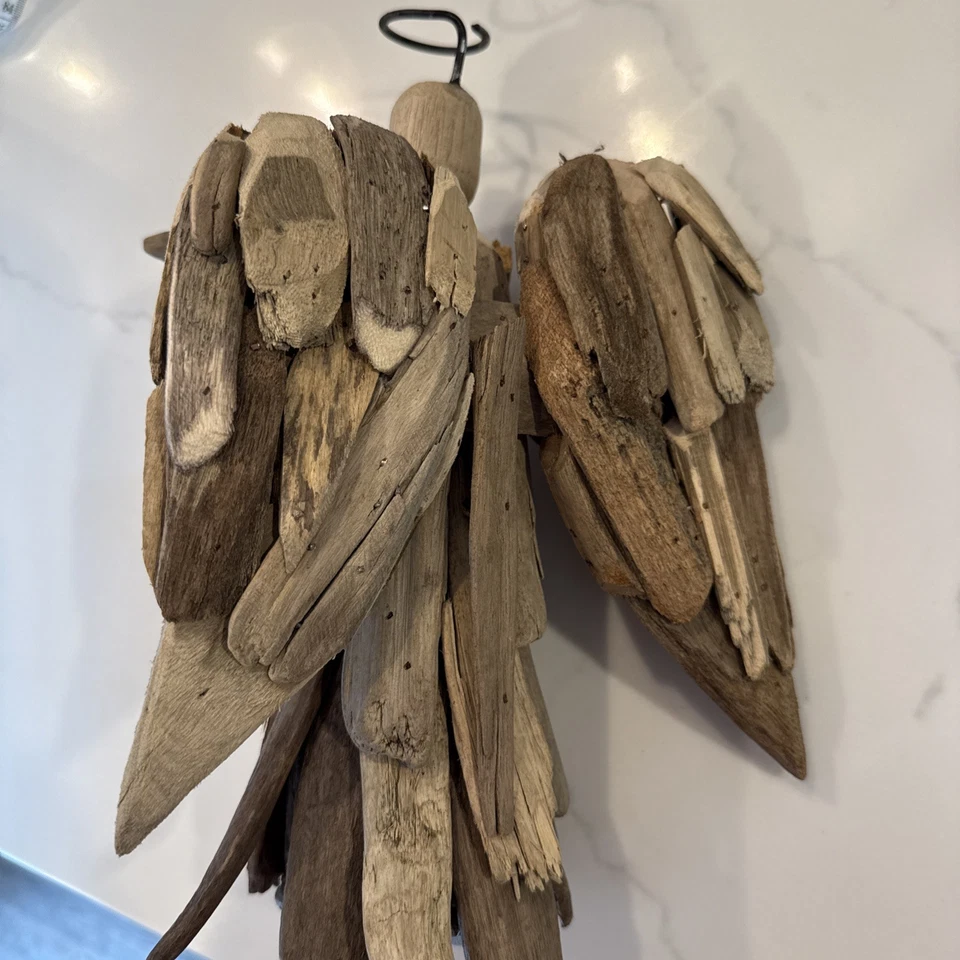Figura de escultura de ángel de madera a la deriva madera rústica primitiva Navidad 11 pulgadas Foto 3 de 3
