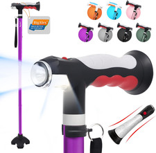 Bigalex Folding Walking Cane with Two Led Lights for Elderly Solid Base Adjustab