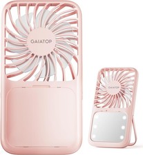 Handheld Mini Fan, 3 Speed Portable Lash Fan Makeup Mirror with LED Pink