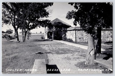 Hampton IA New Young Trees by Beeds Lake Stone Shelter House RPPC 1940s Postcard