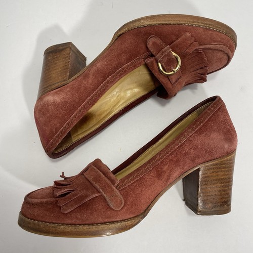APC Classic Burgundy Suede Tassel Stack Leather Moc Heels Women’s US sz 5 EU 35 - Picture 5 of 8