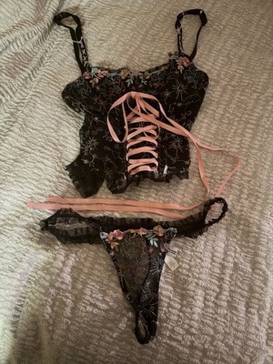 Chantal Thomass for Victoria's Secret 2004 black/pink floral bustier Set 36 C EC