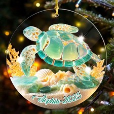 Personalized Sea Turtle Glass Ornament Beach Glass Gift Ocean Turtle Christmas