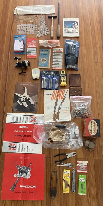 junk drawer lot vintage tools fishing gun brochures lure map gas costume Jewelry