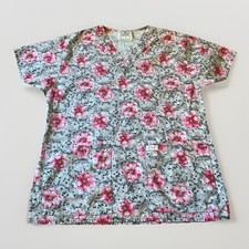 Crest Cottons Work Scrub Top V-Neck Shirt  Size XS  Pink Gray White Floral