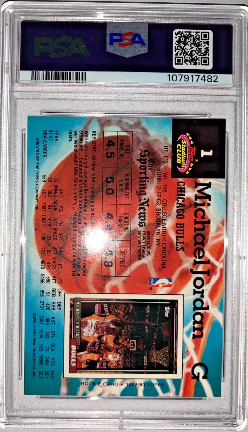 1992-93 Topps Stadium Club Michael Jordan #1 Members Only PSA 9  🔥 Tough Find view 5