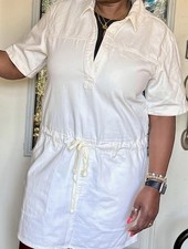 White Cotton Twill Shirt Dress, Collared, Drawstring, Patch, Short Sleeve