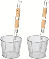2 Pack Pasta Strainer Basket, Stainless Steel Mesh Spider Strainer with Wooden H