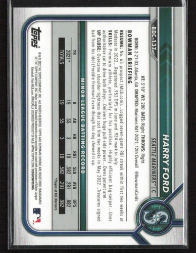 Harry Ford 2022 Bowman Draft Sapphire Edition #BDC-137 Seattle Mariners - Picture 2 of 2