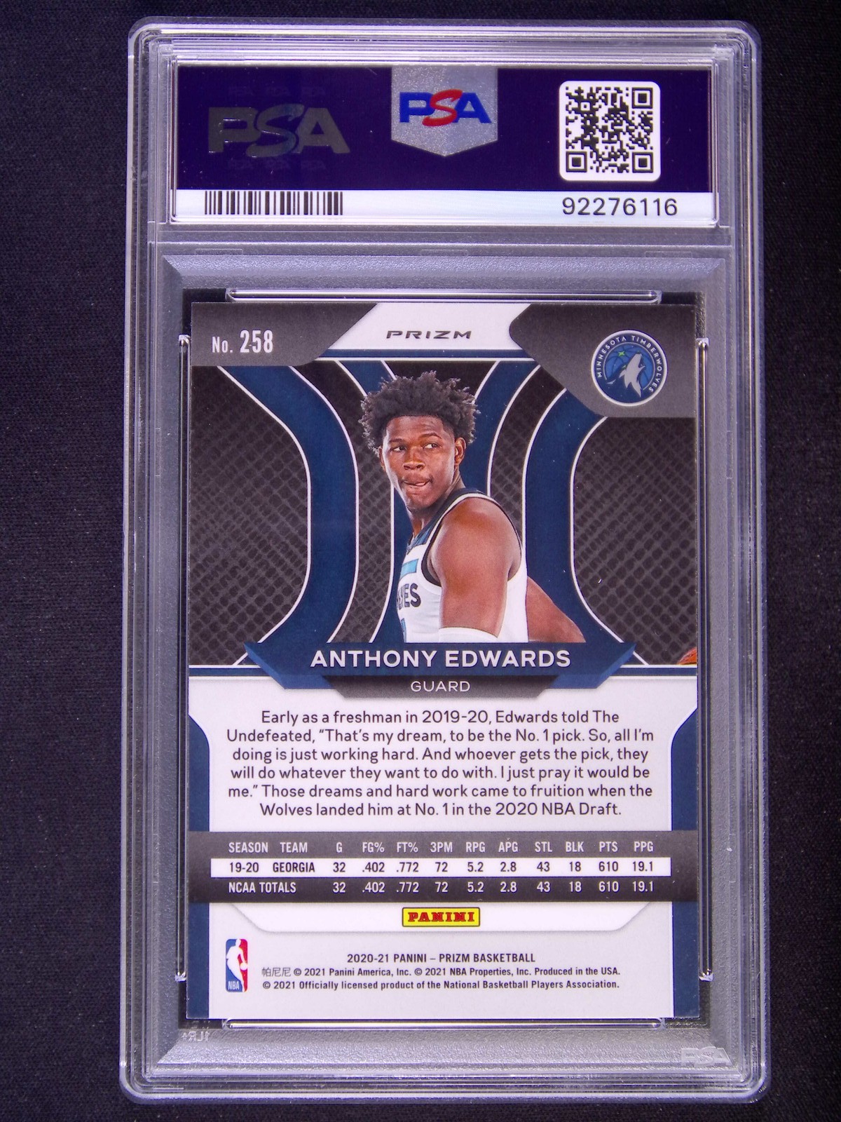2020-21 Panini Prizm Anthony Edwards #258 RC Rookie Pink Ice PSA 10 view 2
