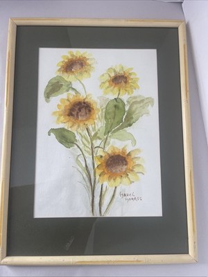 Sunflowers Painting Original Watercolor Hazel Harris Framed Floral Art 16x21 