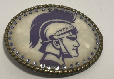 Vintage Purple Trojan Mascot Belt Buckle Rope Border Rhinestone Studded   