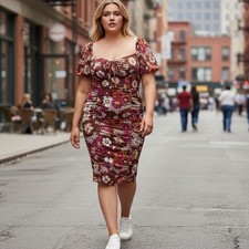 Madden NYC Dress Women XXL Brown Floral Mesh Ruched Bodycon Cutout ND049AB03