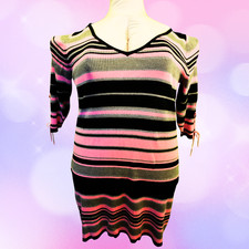 VENUS Ribbed Bodycon Dress 3XL (Fits 2XL) Black Pink Stripe V-Neck Curve Hugging
